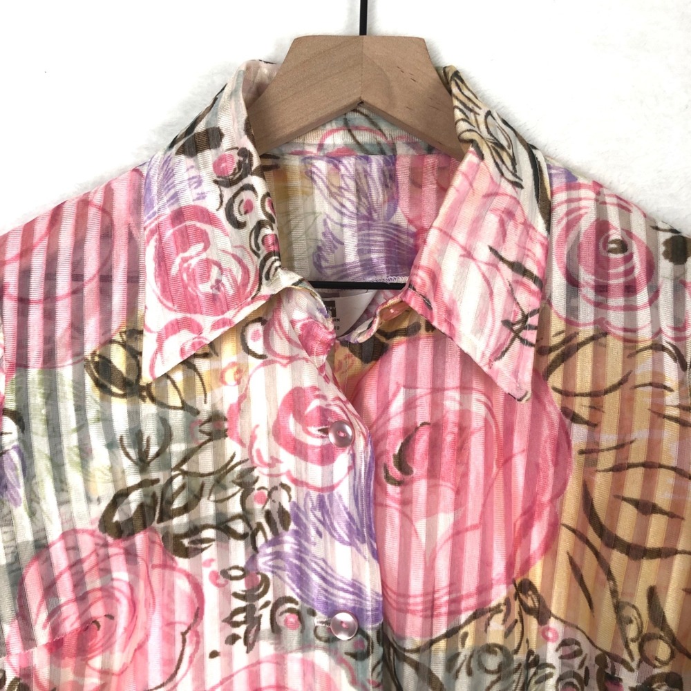 VTG 70s Montgomery Ward Floral Striped Sheer Blouse Women's Sz M‎ Pink Button Up - Picture 3 of 10